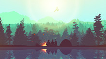 People Camping, Adventure And Travel Concept, Beautiful Forest, Mountain And Sky, Double Exposure, Vector Illustration.