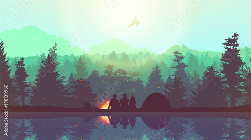 Cuadros en Lienzo People camping, adventure and travel concept, beautiful forest, mountain and sky, double exposure, vector illustration