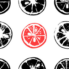 Seamless Pattern With Grunge Citrus Fruits, Slices Of Black And Red Oranges On White Background