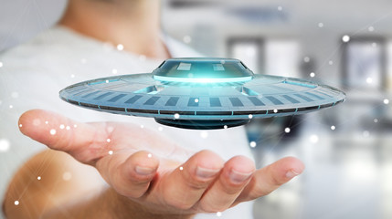 Poster - Businessman with retro UFO spaceship 3D rendering