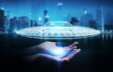Poster - Businesswoman with retro UFO spaceship 3D rendering