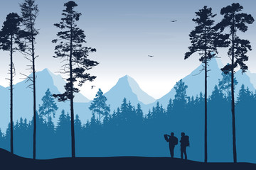 Wall Mural - tourist, man and woman with backpacks and a map looking for a trip in a mountain landscape with fore