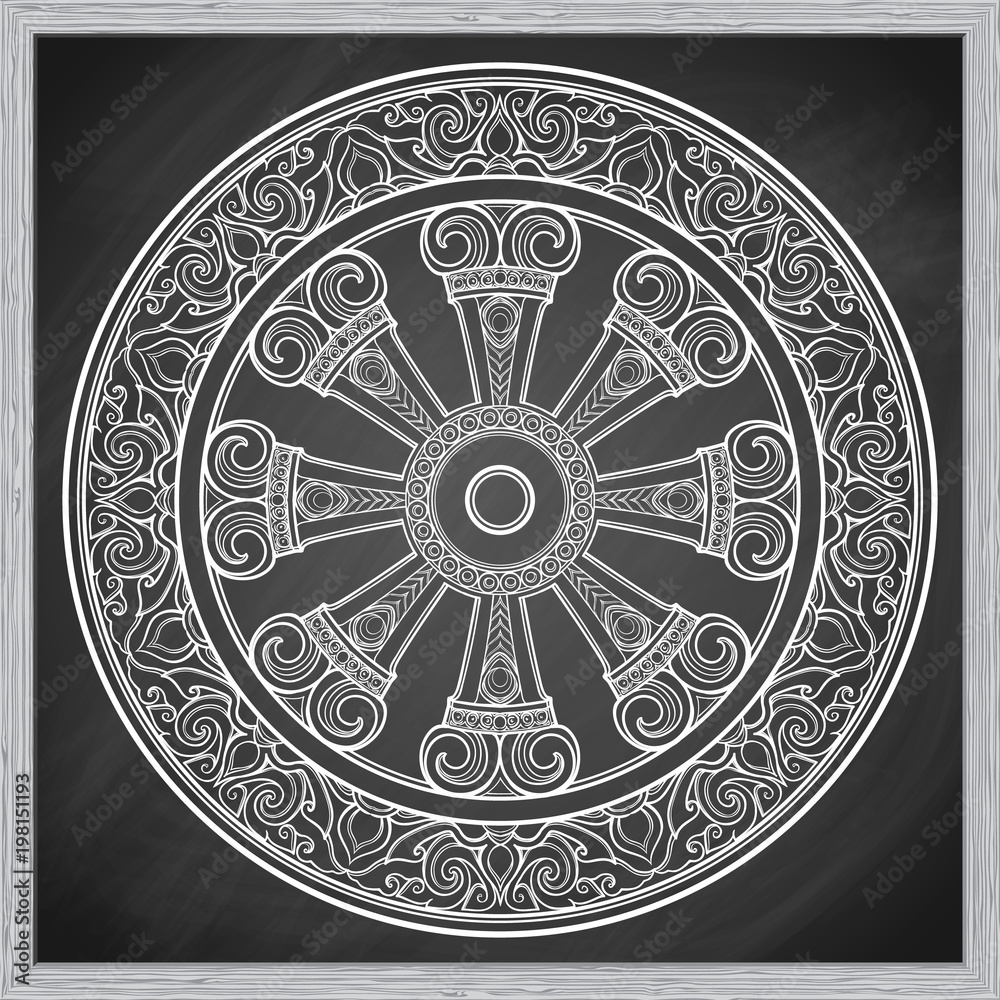 Dharma Wheel, Dharmachakra. Symbol of Buddha's teachings on the path to  enlightenment, liberation from the karmic rebirth in samsara. Tattoo  design. Chalk on a blackboard imitation. EPS10 vector Stock Vector | Adobe, image size:1000x1000