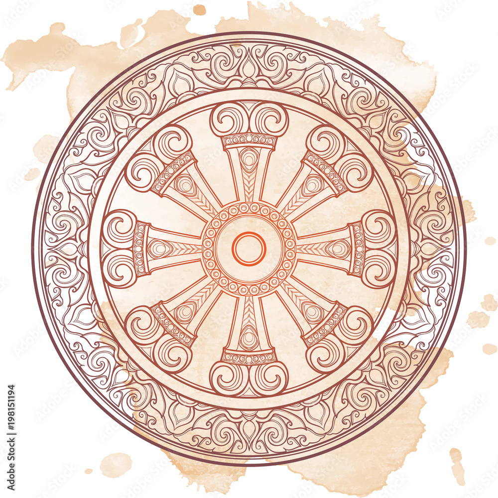 Dharma Wheel, Dharmachakra. Symbol of Buddha's teachings on the path to  enlightenment, liberation from the karmic rebirth in samsara. Tattoo  design. Textured background. EPS10 vector illustration Stock Vector | Adobe  Stock, image size:1000x1000