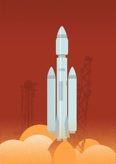 Big Space Rocket with tanks launching at eavening on red background