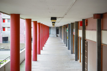 Outdoor communal corridor at a council housing block in London