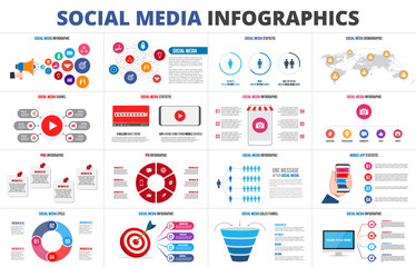 Vector sales funnel, statistic, map, online video chanel and pins. Social media infographic set. Presentation slides.