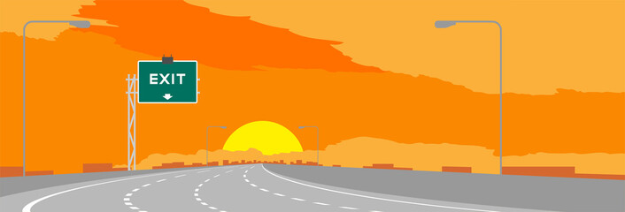 Wall Mural - Highway or motorway and green signage with Exit sign in surise, sunset time illustration on orange sky background