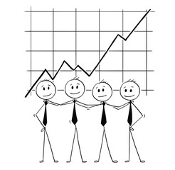 Poster - Cartoon stick man drawing conceptual illustration of team of business people standing in front of growing profit graph or chart and holding each other shoulders. Business concept of teamwork, success