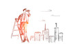 Vector hand drawn searching concept sketch. Businessman standing on stepladder and looking through binoculars with big city at background.
