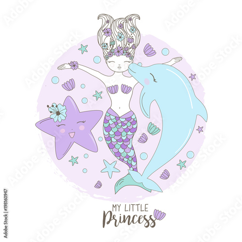 Little Hand Drawn Dolphin Mermaid And A Sea Star In Pastel Colors