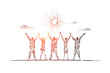 Vector hand drawn team concept sketch. Team of five people standing backwards and holding each others hands raised. Lettering Team concept