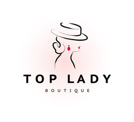 Wall Mural - vector artistic logo with hand drawn lady in hat portrait isolated on white background. outline draw