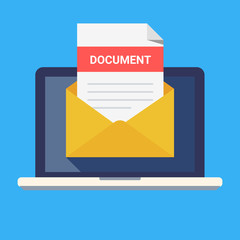 Poster - Laptop and envelope with document. Email with document header, subject line. Modern flat design vector illustration.