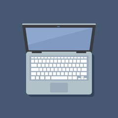 Poster - Laptop top view vector flat illustration isolated on dark background. Clear monitor.