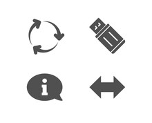 Set Of Information, Usb Flash And Recycling Icons. Sync Sign. Info Center, Memory Stick, Reduce Waste. Synchronize.  Quality Design Elements. Classic Style. Vector