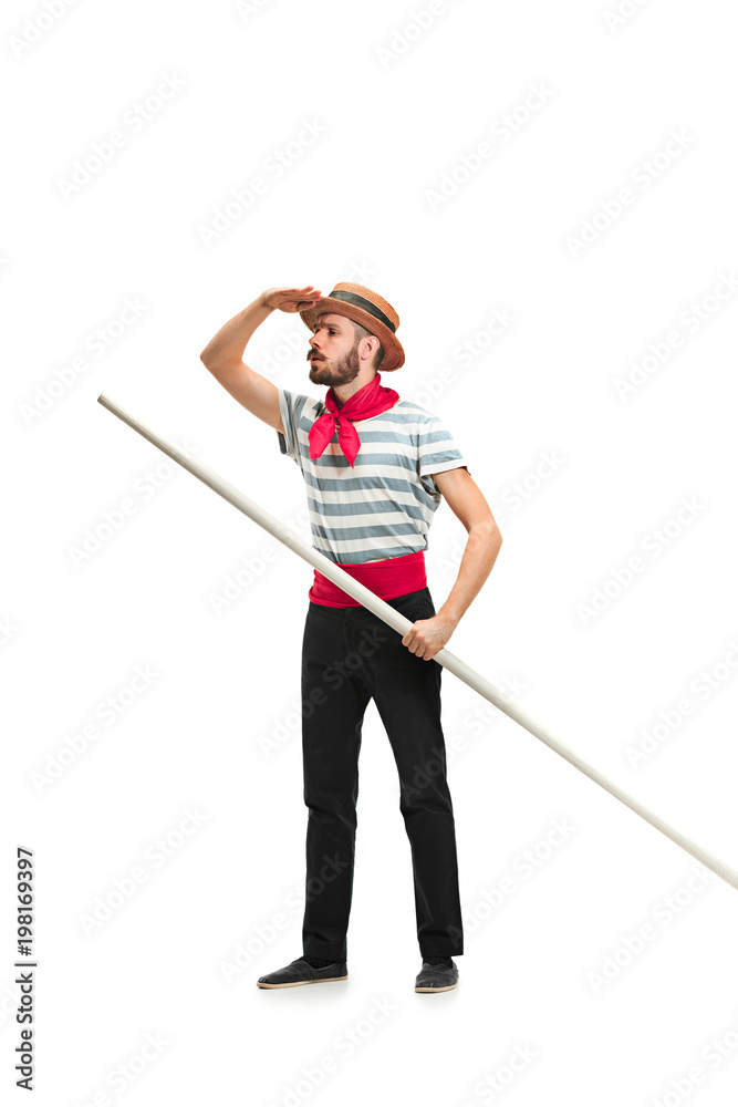 Caucasian man in traditional gondolier costume and hat - obrazy, fototapety, plakaty 