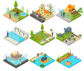 Poster - public zoo set concept 3d isometric view. vector