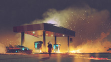 Scene Of The Man Burning The Gas Station At Night, Digital Art Style, Illustration Painting