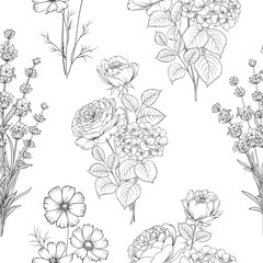 Wall Mural - Seamless black and white flower pattern for fabric design. Vector illustration.