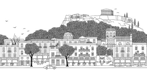 Sticker - Athens, Greece - Seamless banner of the city’s skyline, hand drawn black and white illustration