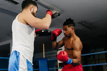 Muscular Multiracial Men Training And Boxing
