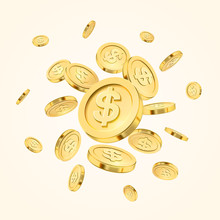 Realistic Gold Coin Explosion Or Splash On White Background. Rain Of Golden Coins. Falling Or Flying Money. Bingo Jackpot Or Casino Poker Or Win Element. Cash Treasure Concept. Vector 3d Illustration