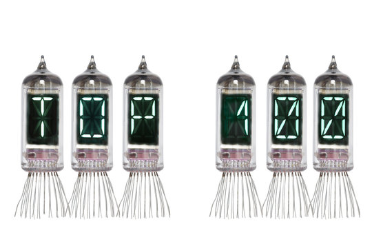 Word TOP 100 made from the real Nixie vacuum tube indicator on a white background. Isolated. Display of lamp with green backlight.