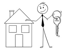 Cartoon Stick Man Drawing Conceptual Illustration Of Businessman Or Real Estate Agent Or Broker Offer A Key And House Property. Business Concept Of Real Estate Agency.