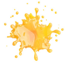 Sweet Fresh Orange Fruit Juice Smoothie 3D Splash. Fruits Juice Splashing: Orange, Mango, Lemon, Citrus, Pineapple, Peach, Banana, Tangerine Juice In Waves Form Isolated. Healthy Juice Drink Design