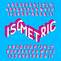 Fototapete - Isometric alphabet font. Letters and numbers on a light blue background. Stock vector typeface for your design.