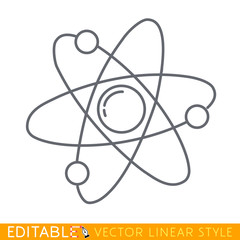 Atom icon. Symbol of science, education, nuclear physics, scientific research. Three electrons rotate in orbits around atomic nucleus. Concept of elementary particles. Editable line sketch icon.