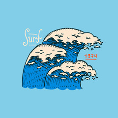 surf badge, wave and ocean. vintage retro background. tropics and california. man on the surfboard, 