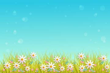 Spring grass and flowers border on blue sky background with empty space for text - greeting card decoration element for Easter congratulation. Cartoon vector illustration.