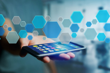 Poster - 3d render empty aplication made of blue hexa button displayed on a futuristic interface