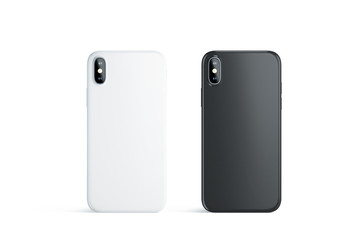 Wall Mural - Blank black and white phone case mock up, stand isolated, 3d rendering. Empty smartphone cover mockup ready for logo or pattern print presentation. Cellphone protector cover concept. Cell casing