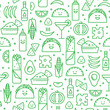 Seamless pattern with Mexican food, clean modern  line art. Fun Mexican plates with smiling faces.