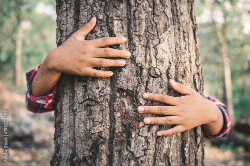 Asian boy hugging big tree color of hipster tone selective soft focus, concept nature and human protect environment