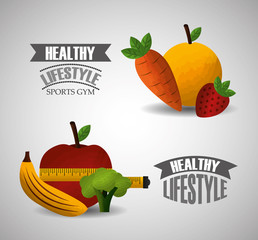 Wall Mural - healthy lifestyle sport gym fruit vegetables measuring tape vector illustration