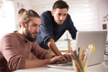 Wall Mural - Two young colleagues using a laptop, share ideas on a project