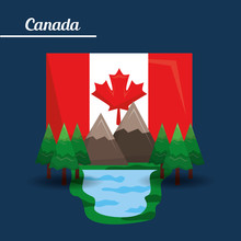 Canada Mountain Lake Pine And Flag Vector Illustration