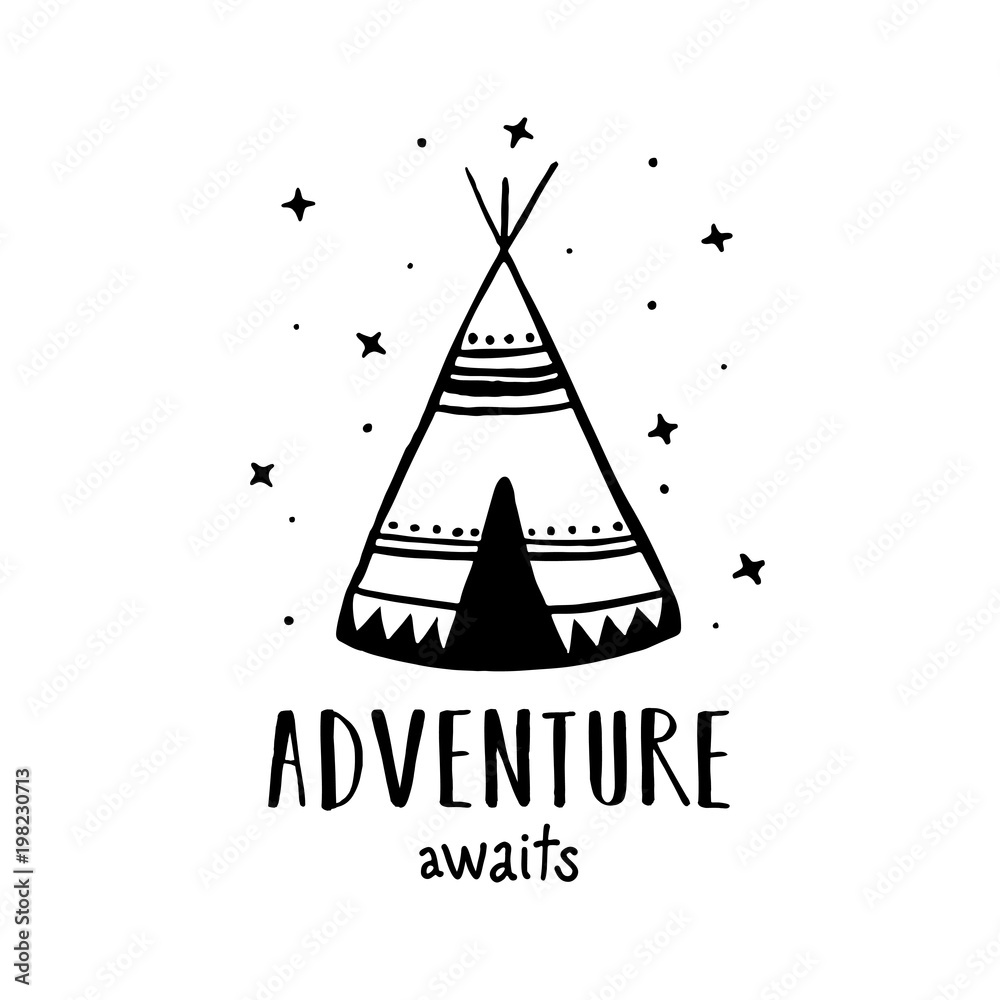 Adventure awaits scandinavian style hand drawn poster. Vector ...
