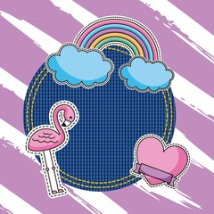 round patch denim and flamingo rainbow love heart patches vector illustration