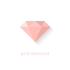 Pink diamond flat design illustration with shadow and text isolated on white background. Premium crystal gemstone in pastel colors.