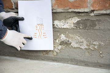 the master holds a drawing with an explanation of how the saltpeter on foundation is developing