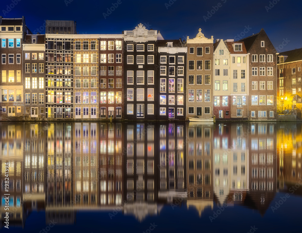 River, canals and traditional old houses Amsterdam - obrazy, fototapety, plakaty 