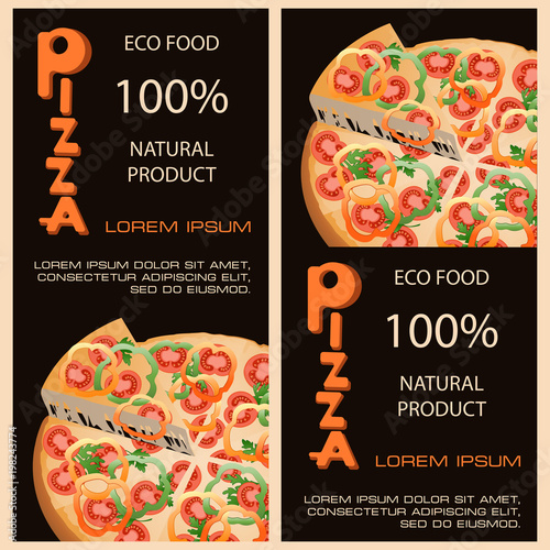 Realistic Pizza On A Black Background Design Of A Poster A Flyer For A Pizzeria Two Vertical Compositions And Text Buy This Stock Vector And Explore Similar Vectors At Adobe Stock