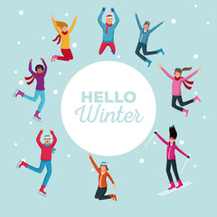 Poster - Hello winter people cartoons vector illustration graphic design