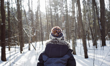 Rear View Of Boy Standing In Forest During Winter