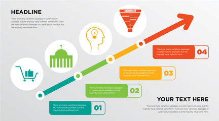 Poster - customer loyalty, advocacy, IQ, marketing funnel growing horizontal presentation design template in green, red and yellow, grow up business infographics with icons